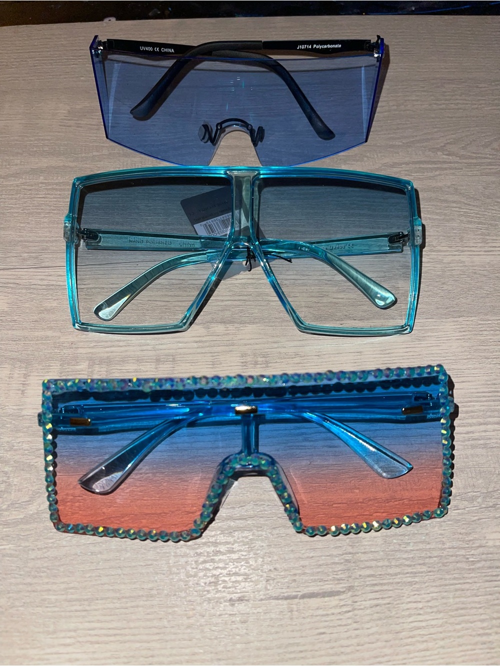 Set of 3 Oversized Shield Sunglasses - Blue & Teal Tones
